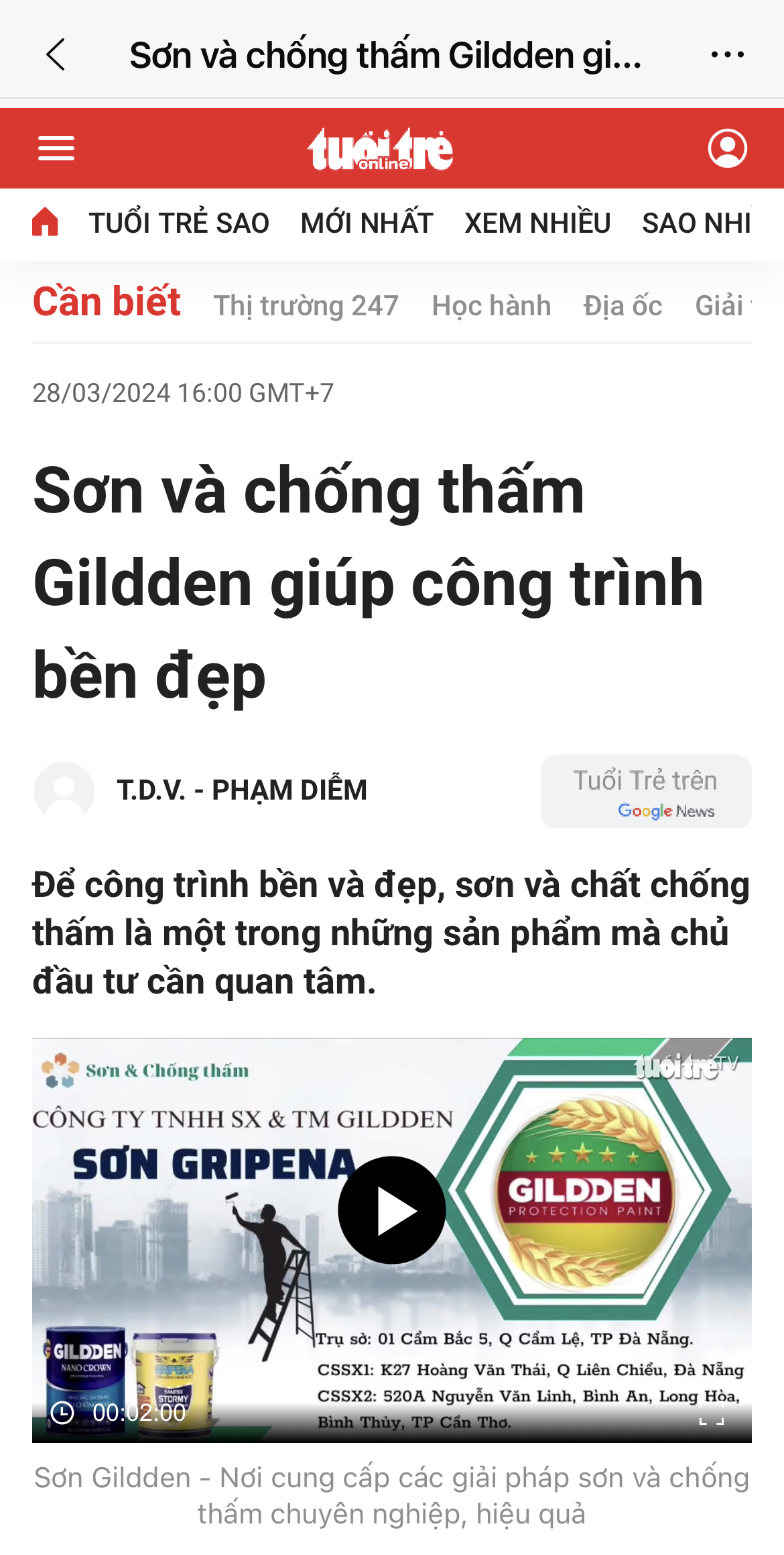 Báo tuổi trẻ đưa tin về Sơn Gildden